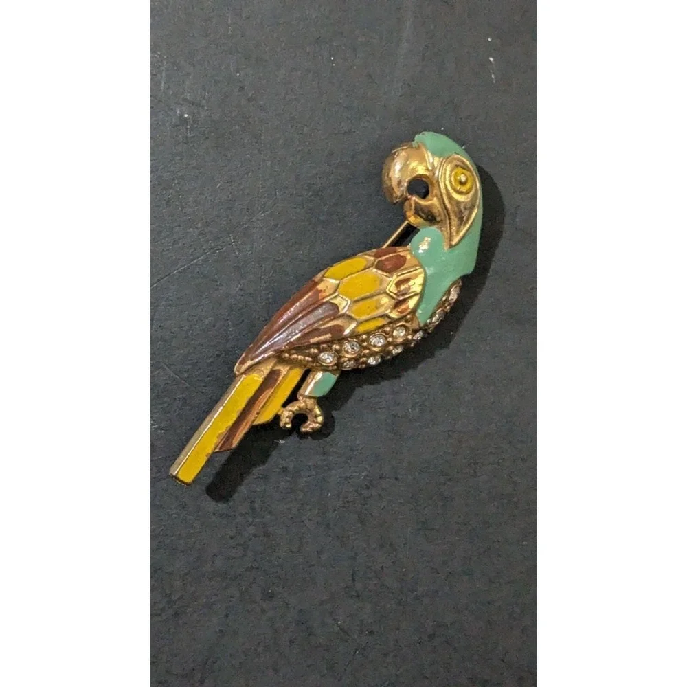 Vintage Parrot Bird Brooch Enamel Rhinestone Gold Tone Tropical‎ Animal Pin 2